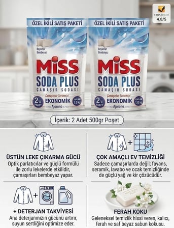 Miss Soda Plus Optik Etkili Beyaz Sabunlu El ve Matik Çamaşır Sodası 2×500GR
