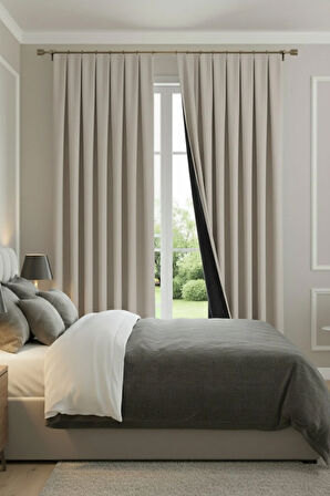 Buonasera Bej Pilesiz Işık Geçirmez Astarlı Fon Perde %100 Karartma + Soğuk ve Sıcak Yalıtımı