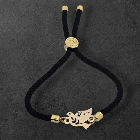 Muazzam Siyah Örgü Detayıyla Kuş Motifli ve 14 Ayar Altın Plakalı Buse Bilekliği