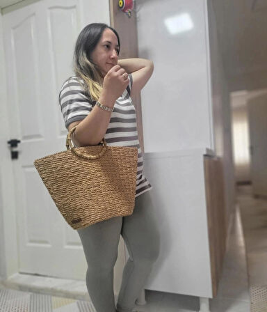 Büyük Hasır Tote Çanta - Bambu Saplı Boho Dokuma Çanta - Her Mevsim Doğal