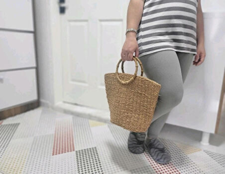 Büyük Hasır Tote Çanta - Bambu Saplı Boho Dokuma Çanta - Her Mevsim Doğal
