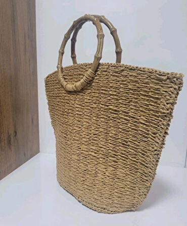 Büyük Hasır Tote Çanta - Bambu Saplı Boho Dokuma Çanta - Her Mevsim Doğal