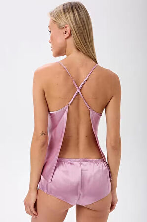 Saten İp Askılı Sırt Dekolteli Brazillian Şort Gecelik Takımı