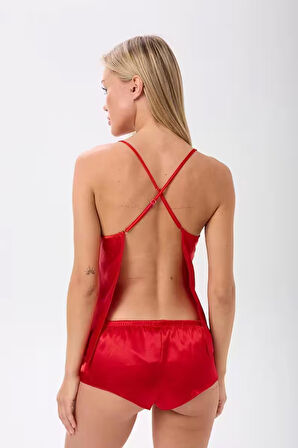 Saten İp Askılı Sırt Dekolteli Brazillian Şort Gecelik Takımı