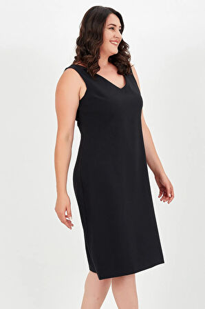 Büyük Beden V Yaka Kolsuz Fermuarlı Elbise