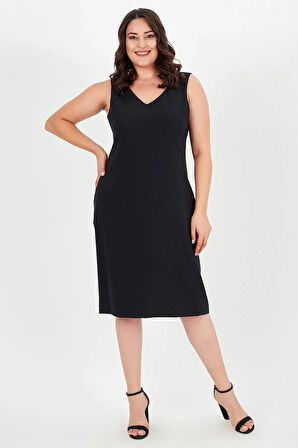 Büyük Beden V Yaka Kolsuz Fermuarlı Elbise