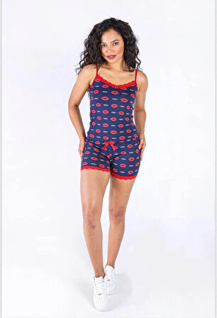 İnce Askılı Şortlu Pamuklu Pijama Takımı Dantel Detaylı