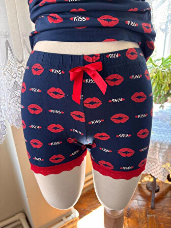 İnce Askılı Şortlu Pamuklu Pijama Takımı Dantel Detaylı