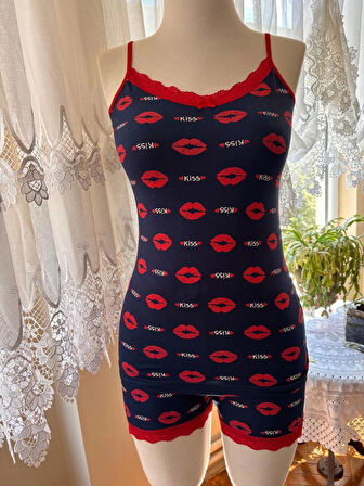 İnce Askılı Şortlu Pamuklu Pijama Takımı Dantel Detaylı