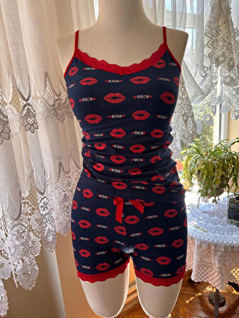 İnce Askılı Şortlu Pamuklu Pijama Takımı Dantel Detaylı