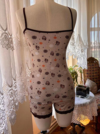 İnce Askılı Şortlu Pamuklu Pijama Takımı Dantel Detaylı