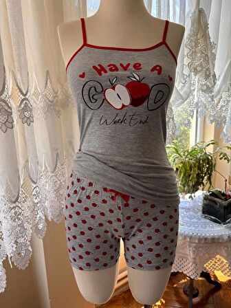 İnce Askılı Şortlu Pamuklu Pijama Takımı Dantel Detaylı
