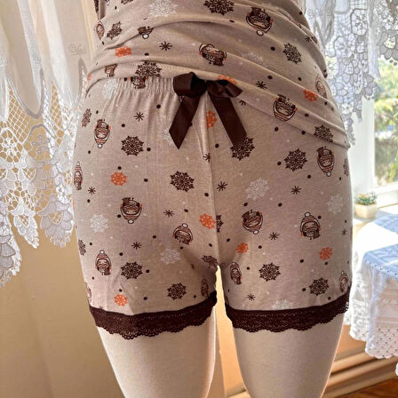 İnce Askılı Şortlu Pamuklu Pijama Takımı Dantel Detaylı