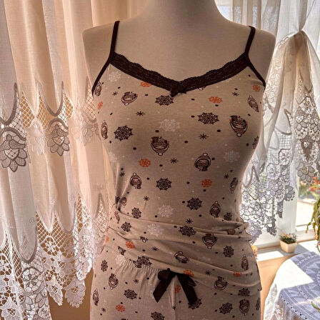 İnce Askılı Şortlu Pamuklu Pijama Takımı Dantel Detaylı