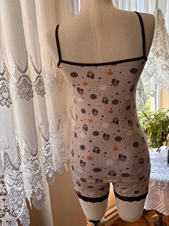 İnce Askılı Şortlu Pamuklu Pijama Takımı Dantel Detaylı