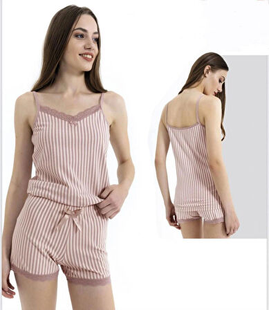 İnce Askılı Şortlu Pamuklu Pijama Takımı Dantel Detaylı