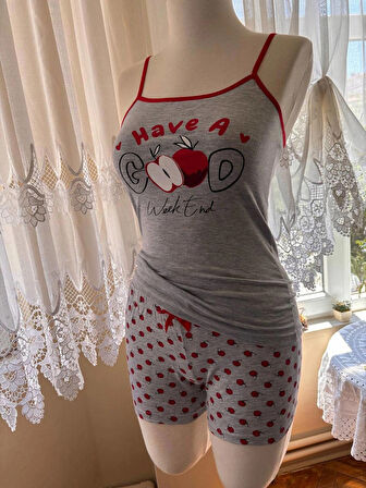 İnce Askılı Şortlu Pamuklu Pijama Takımı Dantel Detaylı