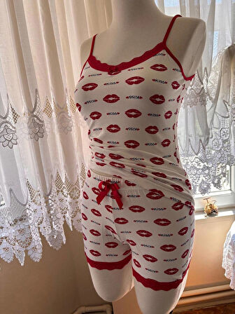 İnce Askılı Şortlu Pamuklu Pijama Takımı Dantel Detaylı