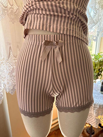 İnce Askılı Şortlu Pamuklu Pijama Takımı Dantel Detaylı