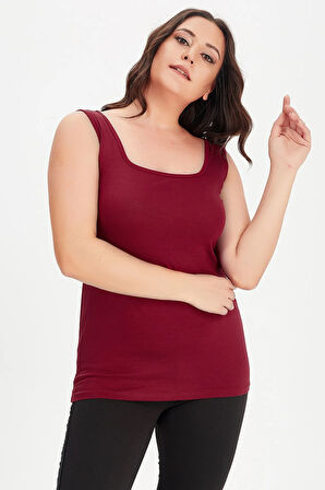 Kadın Bordo Büyük Beden Kare Yaka Kalın Askılı Atlet Bluz