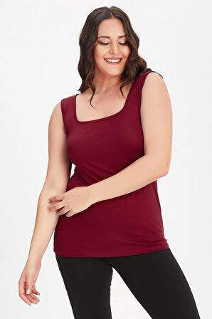 Kadın Bordo Büyük Beden Kare Yaka Kalın Askılı Atlet Bluz