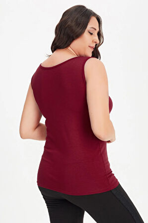 Kadın Bordo Büyük Beden Kare Yaka Kalın Askılı Atlet Bluz