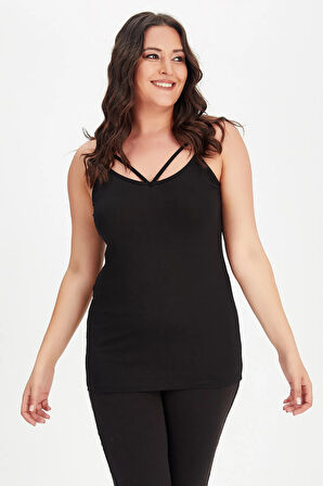 Kadın Siyah Büyük Beden Yaka V Biyeli Atlet Bluz