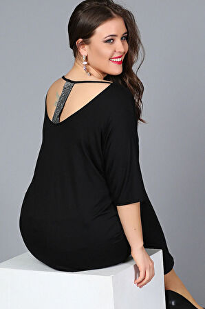Kadın Siyah Sırt Dekolteli Pul Payet Bantlı Yarım Kol Bluz M9313