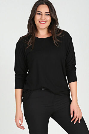 Büyük Beden Sırt Çapraz Pul Şerit Uzun Kol Bluz