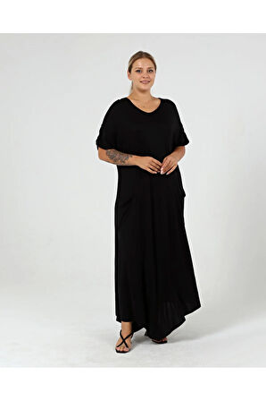 Büyük Beden Etek Verev Uç Cepli Maksi Elbise