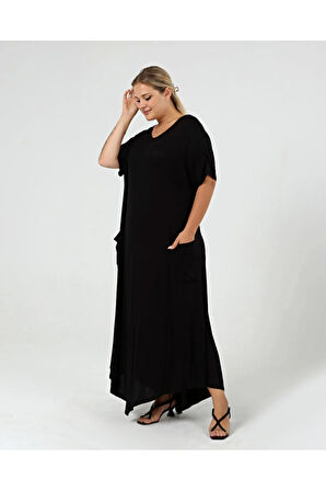 Büyük Beden Etek Verev Uç Cepli Maksi Elbise