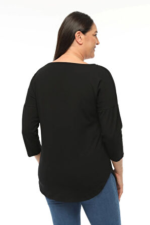 Büyük Beden Çiçek Yoga Baskılı Geniş V Yaka Yarım Kol Oval Yırtmaç Bluz