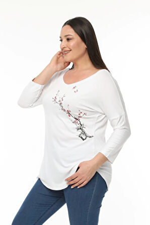 Büyük Beden Sakura Baskılı Geniş V Yaka Yarım Kol Oval Yırtmaç Bluz