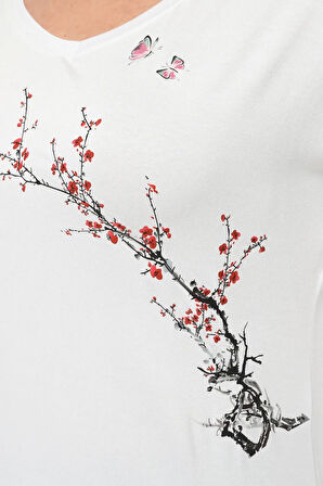 Büyük Beden Sakura Baskılı Geniş V Yaka Yarım Kol Oval Yırtmaç Bluz