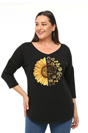 Büyük Beden Sun Flower Baskılı Geniş V Yaka Yarım Kol Oval Yırtmaç Bluz