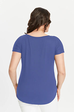 Büyük Beden Geniş V Yaka Kısa Kol Oval Yırtmaç Bluz