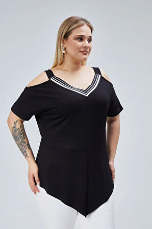 Büyük Beden Yaka Şerit Omuz Dekolte Üçgen Etekli Bluz