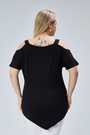 Büyük Beden Yaka Şerit Omuz Dekolte Üçgen Etekli Bluz