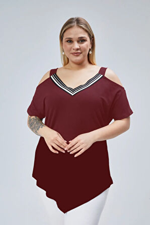 Büyük Beden Yaka Şerit Omuz Dekolte Üçgen Etekli Bluz