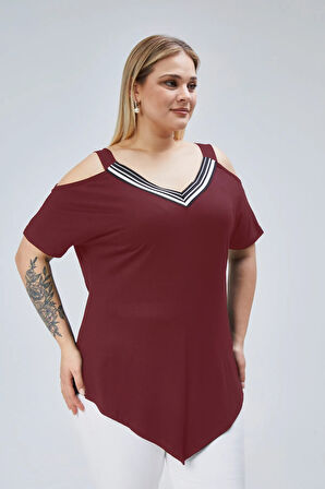 Büyük Beden Yaka Şerit Omuz Dekolte Üçgen Etekli Bluz
