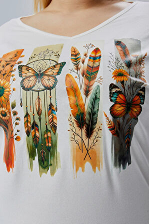 Büyük Beden Bohem Kelebek Baskılı Yarım Kol Yan Yırtmaç Bluz