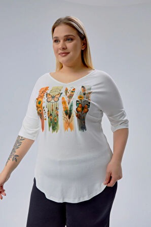 Büyük Beden Bohem Kelebek Baskılı Yarım Kol Yan Yırtmaç Bluz