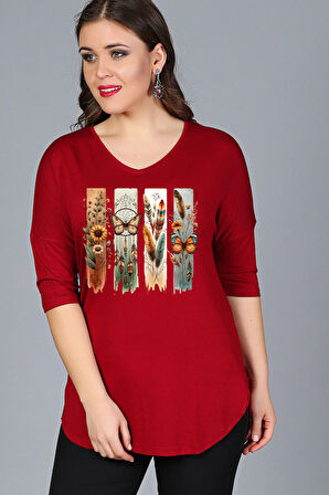 Büyük Beden Bohem Kelebek Baskılı Yarım Kol Yan Yırtmaç Bluz