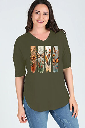 Büyük Beden Bohem Kelebek Baskılı Yarım Kol Yan Yırtmaç Bluz