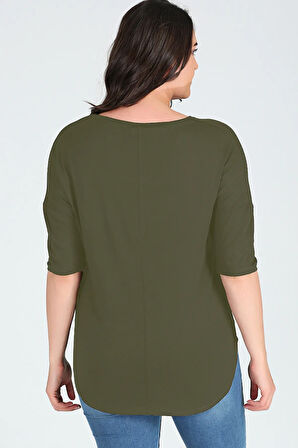 Büyük Beden Bohem Kelebek Baskılı Yarım Kol Yan Yırtmaç Bluz