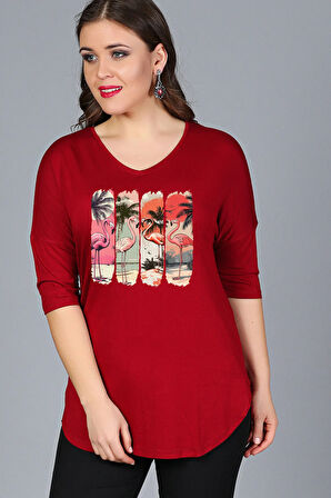 Büyük Beden Flamingo Baskııl Yarım Kol Yan Yırtmaç Bluz