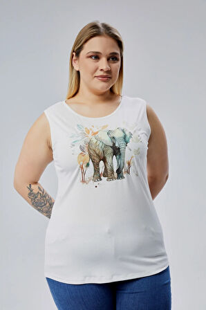 Büyük Beden Fil Baskılı Kolsuz Viskon Basic Bluz
