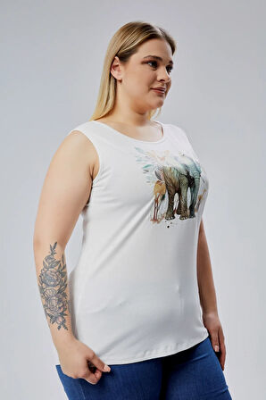 Büyük Beden Fil Baskılı Kolsuz Viskon Basic Bluz