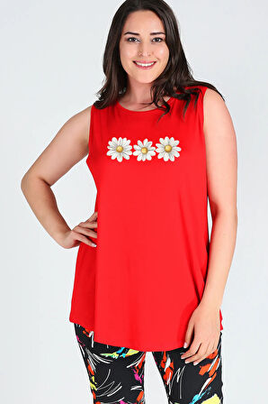 Büyük Beden Kelebek Baskılı Kolsuz Viskon Basic Bluz