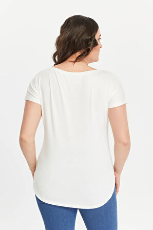 Büyük Beden Deniz Feneri Salty Geniş V Yaka Kısa Kol Oval Yırtmaç Bluz